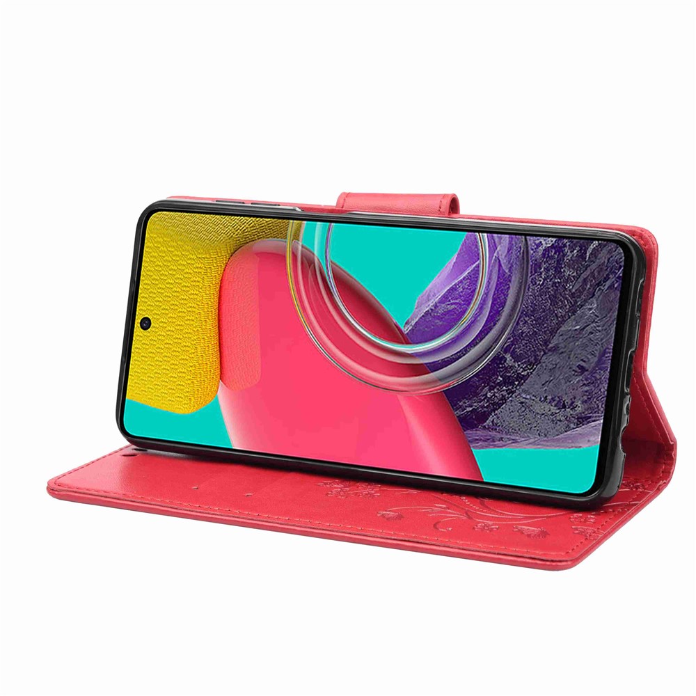 For Samsung Galaxy M53 5G Imprinted Butterflies Flowers PU Leather Flip Case Wallet Style Stand Shockproof Protective Cover with Strap - Red-3