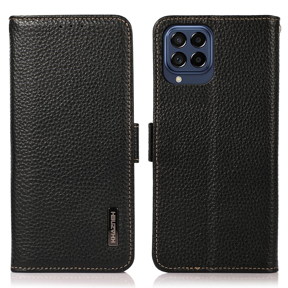 KHAZNEH for Samsung Galaxy M53 5G Litchi Texture Genuine Leather Wallet Case RFID Blocking Stand Magnetic Clasp Folio Cover - Black-1