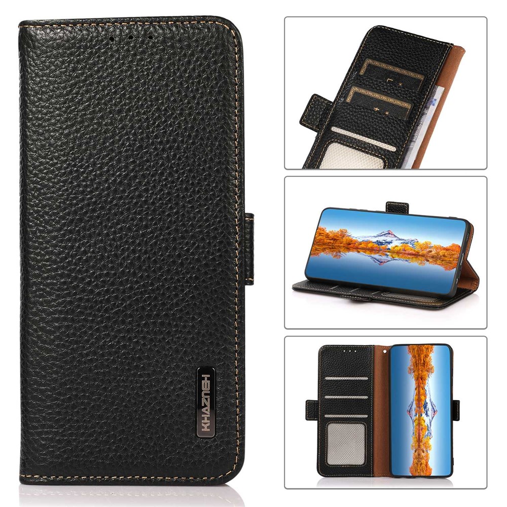 KHAZNEH for Samsung Galaxy M53 5G Litchi Texture Genuine Leather Wallet Case RFID Blocking Stand Magnetic Clasp Folio Cover - Black-9