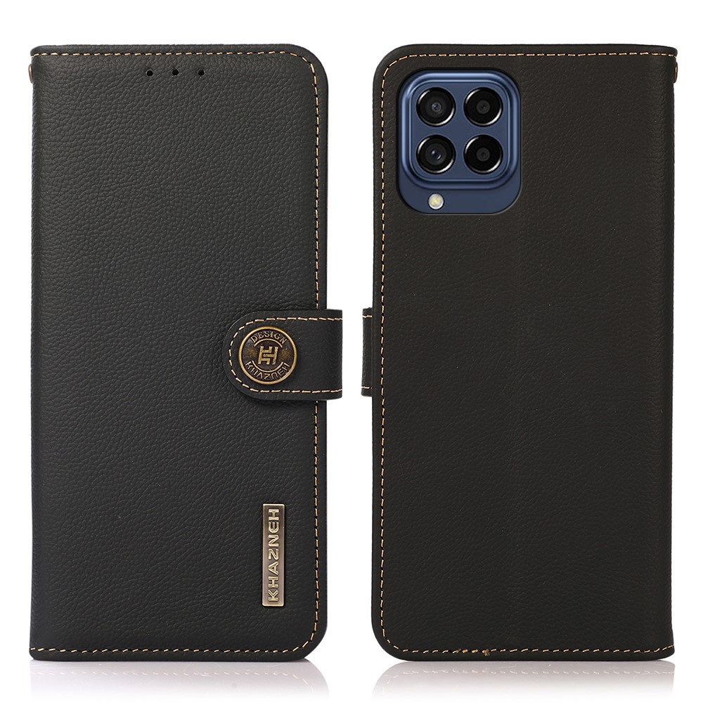 KHAZNEH for Samsung Galaxy M53 5G Genuine Leather Flip Cover RFID Blocking Wallet Style Stand Book Folio Folding Case - Black-1