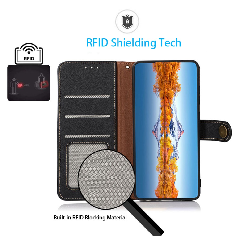 KHAZNEH for Samsung Galaxy M53 5G Genuine Leather Flip Cover RFID Blocking Wallet Style Stand Book Folio Folding Case - Black-2