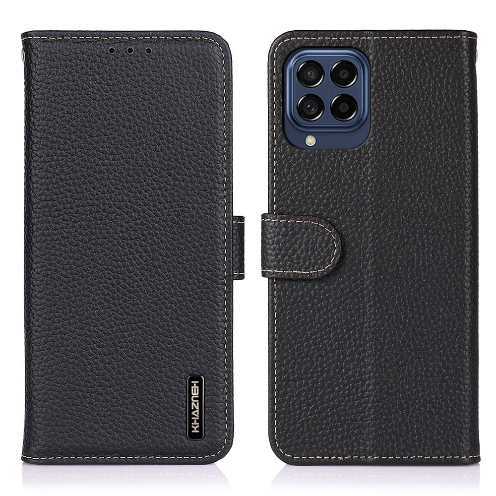 KHAZNEH for Samsung Galaxy M53 5G Genuine Leather Flip Magnetic Wallet Case Litchi Texture Anti-Slip Protective Stand Book Folio Cover - Black-1