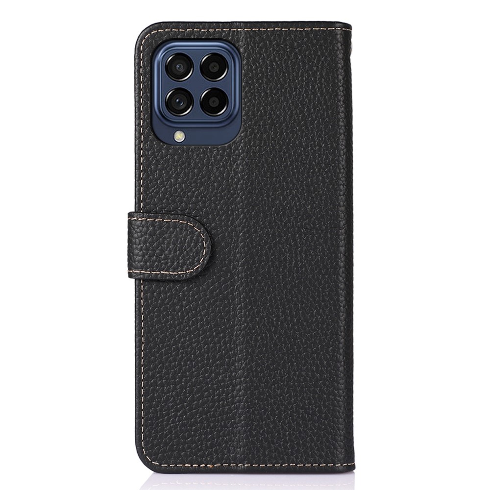 KHAZNEH for Samsung Galaxy M53 5G Genuine Leather Flip Magnetic Wallet Case Litchi Texture Anti-Slip Protective Stand Book Folio Cover - Black-7