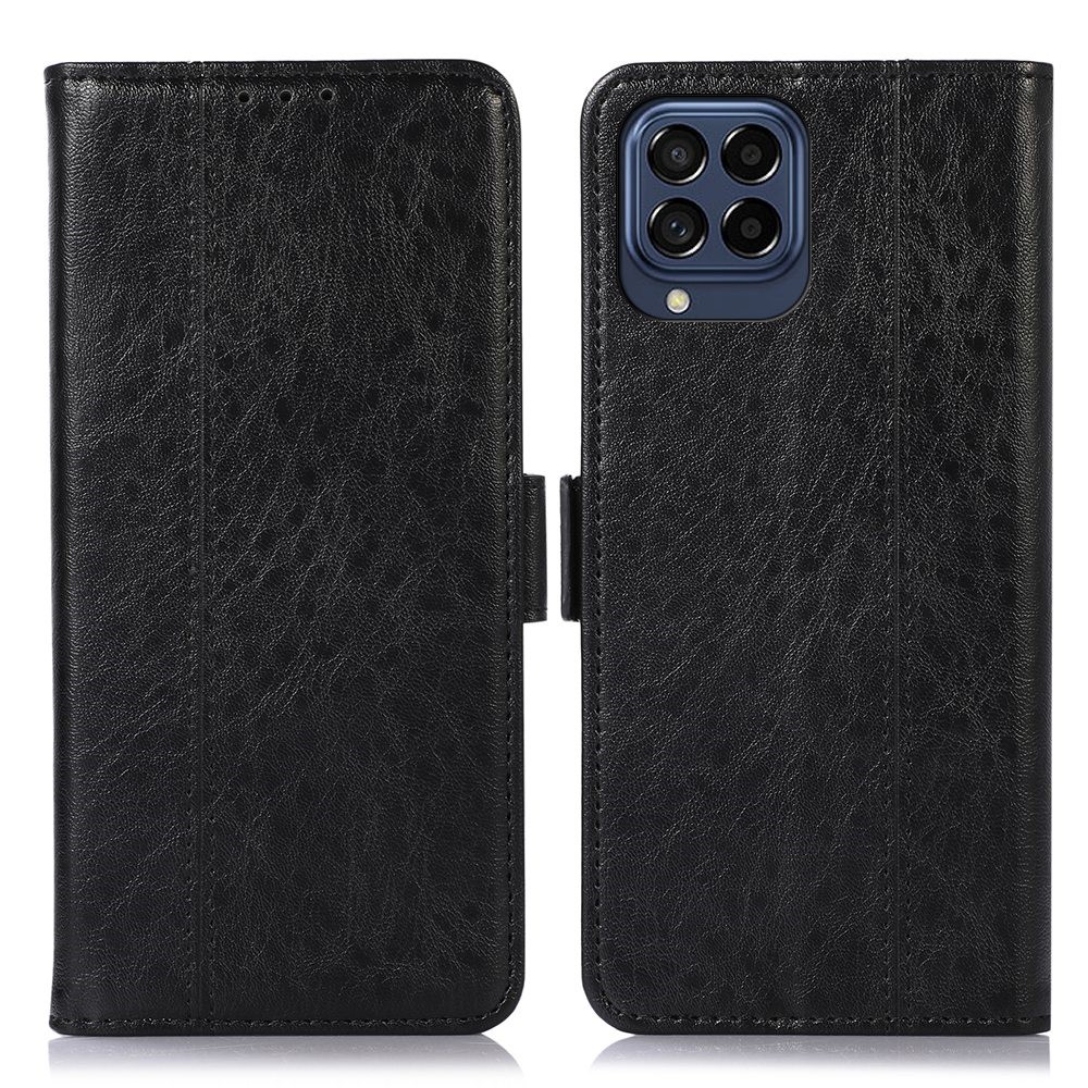 For Samsung Galaxy M53 5G Stand Phone Case Crazy Horse Texture PU Leather Magnetic Closure Flip Wallet Cover - Black-1