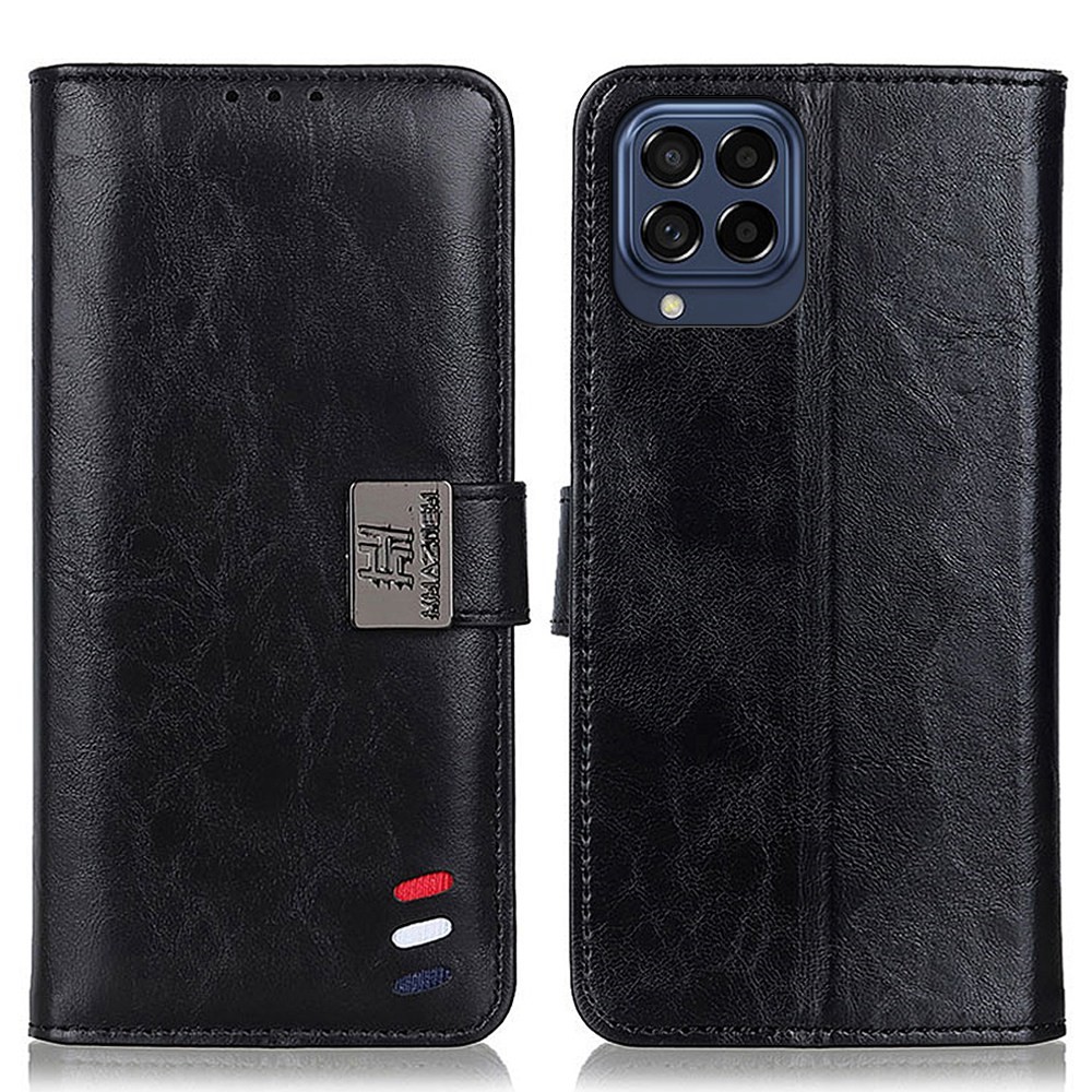 For Samsung Galaxy M53 5G PU Leather Flip Stand Phone Case Three-color Decor Magnetic Wallet-Style Full Body Protective Cover - Black-1
