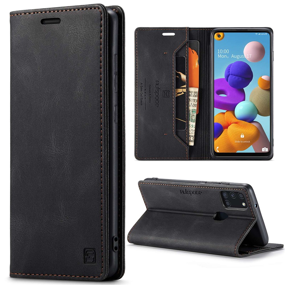 AUTSPACE A01 Series for Samsung Galaxy A21s PU Leather Case RFID Blocking Vintage Wallet Stand Flip Cover - Black