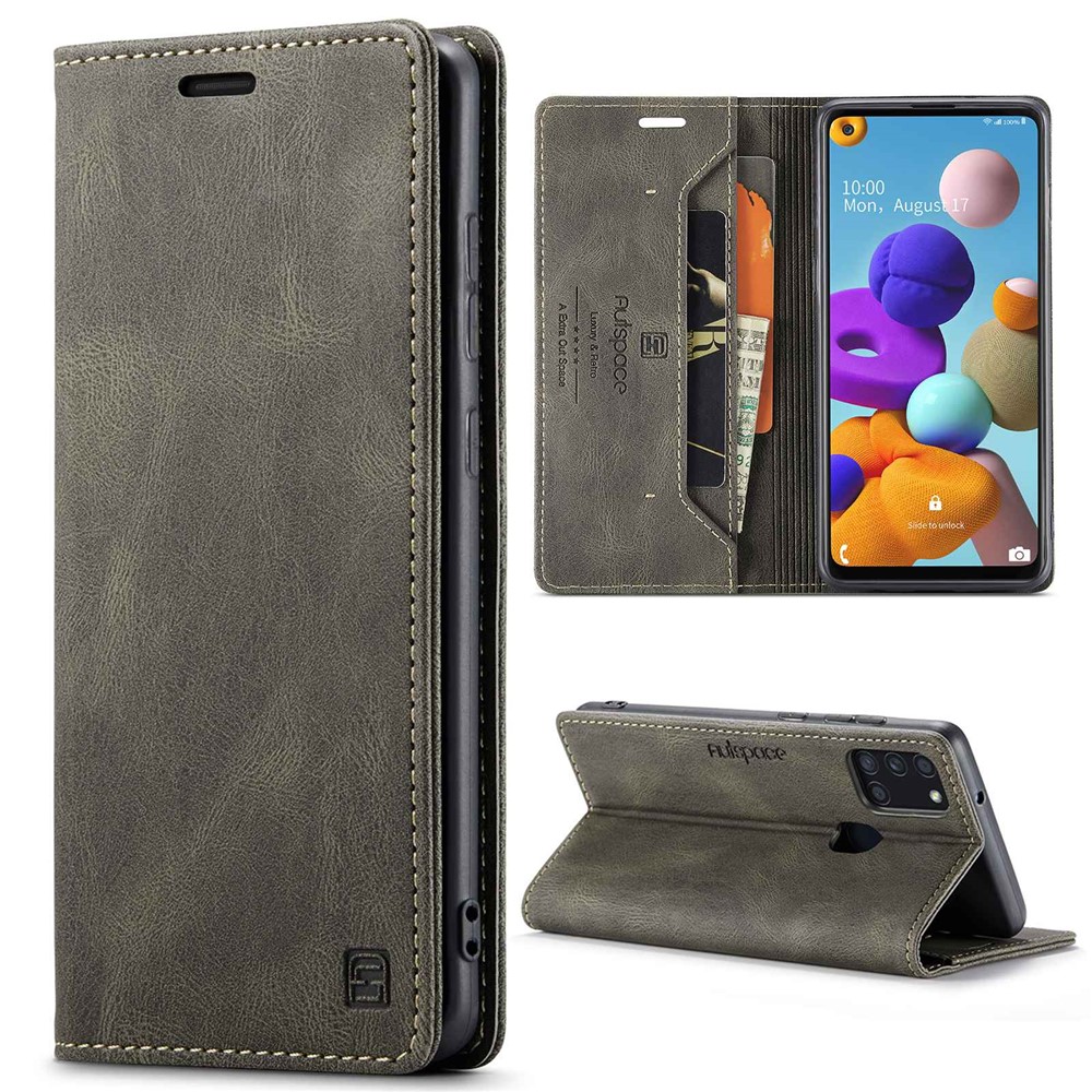 AUTSPACE A01 Series for Samsung Galaxy A21s PU Leather Case RFID Blocking Vintage Wallet Stand Flip Cover - Coffee