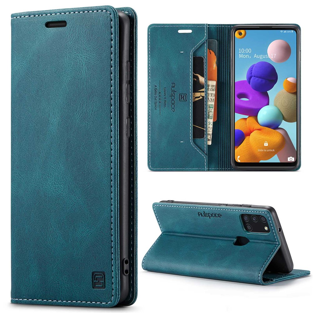 AUTSPACE A01 Series for Samsung Galaxy A21s PU Leather Case RFID Blocking Vintage Wallet Stand Flip Cover - Blue