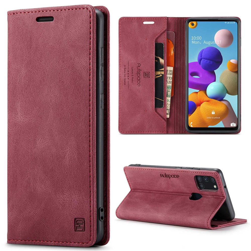 AUTSPACE A01 Series for Samsung Galaxy A21s PU Leather Case RFID Blocking Vintage Wallet Stand Flip Cover - Red
