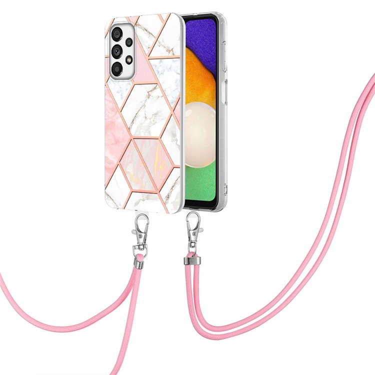 YB IMD Series-5 Flexible TPU Phone Cover for Samsung Galaxy A73 5G, Anti-Lost Adjustable Lanyard Design Electroplating Splicing IMD IML Marble Pattern Phone Case - Pink/White-2