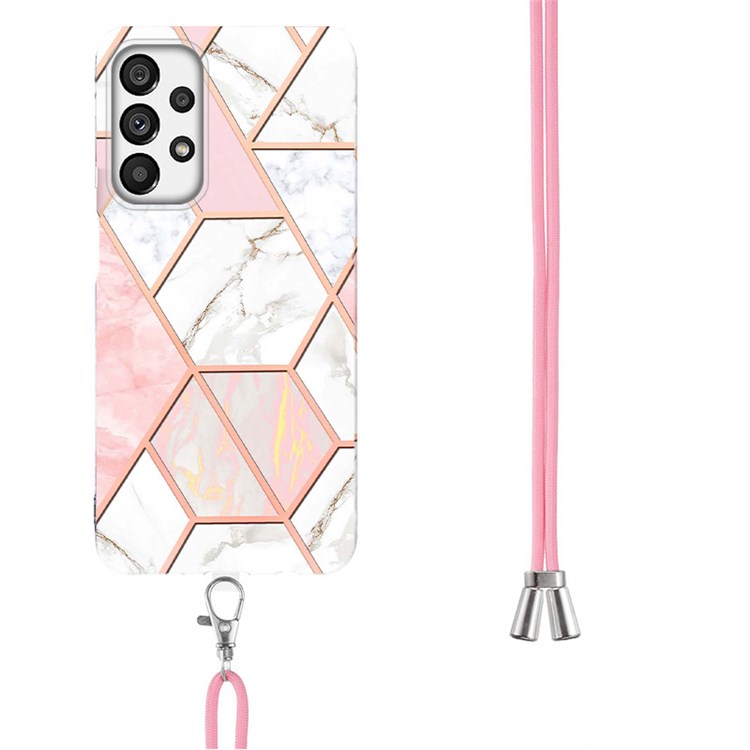 YB IMD Series-5 Flexible TPU Phone Cover for Samsung Galaxy A73 5G, Anti-Lost Adjustable Lanyard Design Electroplating Splicing IMD IML Marble Pattern Phone Case - Pink/White-3