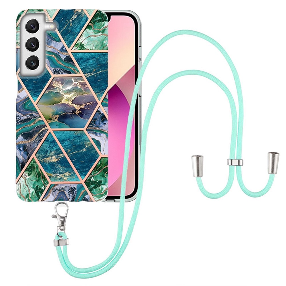 YB IMD Series-5 Flexible TPU Phone Cover for Samsung Galaxy S22 5G, Adjustable Lanyard Design Sleek Electroplating Bumper Frame Splicing IMD IML Marble Pattern Phone Case - Blue/Green-1