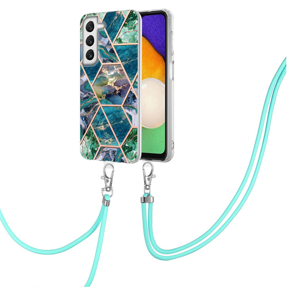 YB IMD Series-5 Flexible TPU Phone Cover for Samsung Galaxy S22 5G, Adjustable Lanyard Design Sleek Electroplating Bumper Frame Splicing IMD IML Marble Pattern Phone Case - Blue/Green-2