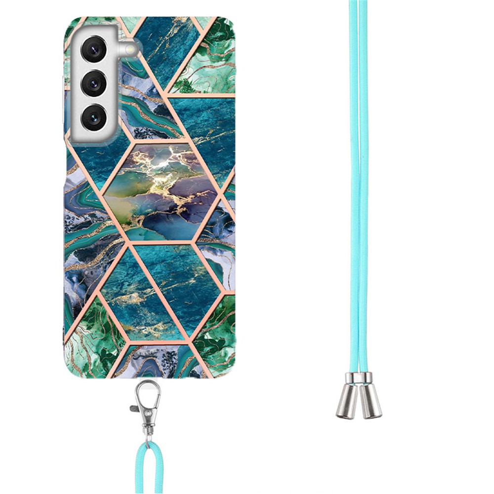 YB IMD Series-5 Flexible TPU Phone Cover for Samsung Galaxy S22 5G, Adjustable Lanyard Design Sleek Electroplating Bumper Frame Splicing IMD IML Marble Pattern Phone Case - Blue/Green-3