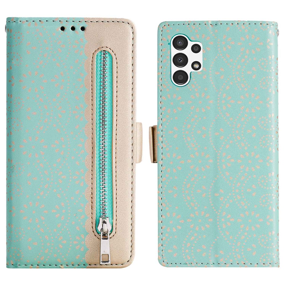 For Samsung Galaxy A13 4G PU Leather Lace Flower Pattern Flip Phone Case Wallet Zipper Pocket Stand Cover with Bowknot Wrist Strap - Green-1