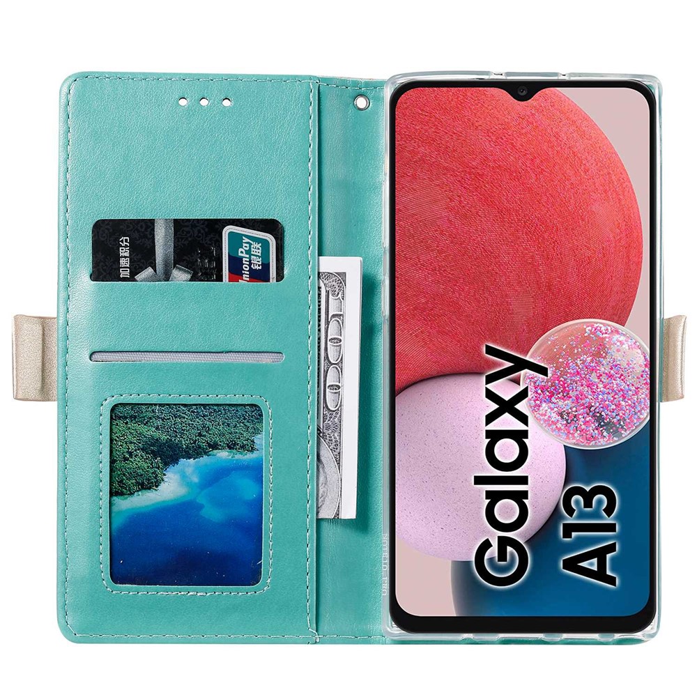 For Samsung Galaxy A13 4G PU Leather Lace Flower Pattern Flip Phone Case Wallet Zipper Pocket Stand Cover with Bowknot Wrist Strap - Green-2