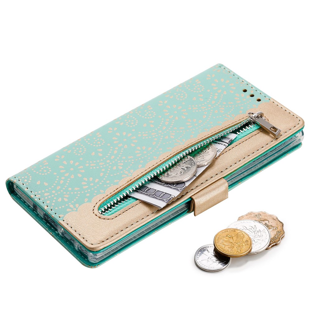 For Samsung Galaxy A13 4G PU Leather Lace Flower Pattern Flip Phone Case Wallet Zipper Pocket Stand Cover with Bowknot Wrist Strap - Green-4