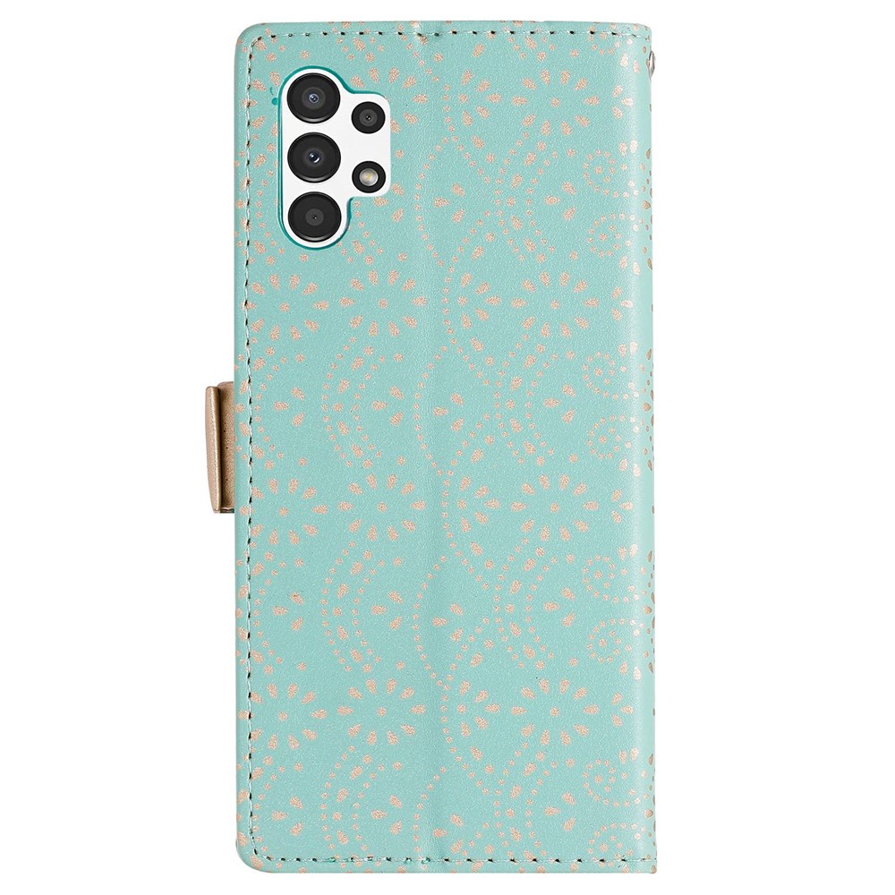 For Samsung Galaxy A13 4G PU Leather Lace Flower Pattern Flip Phone Case Wallet Zipper Pocket Stand Cover with Bowknot Wrist Strap - Green-6