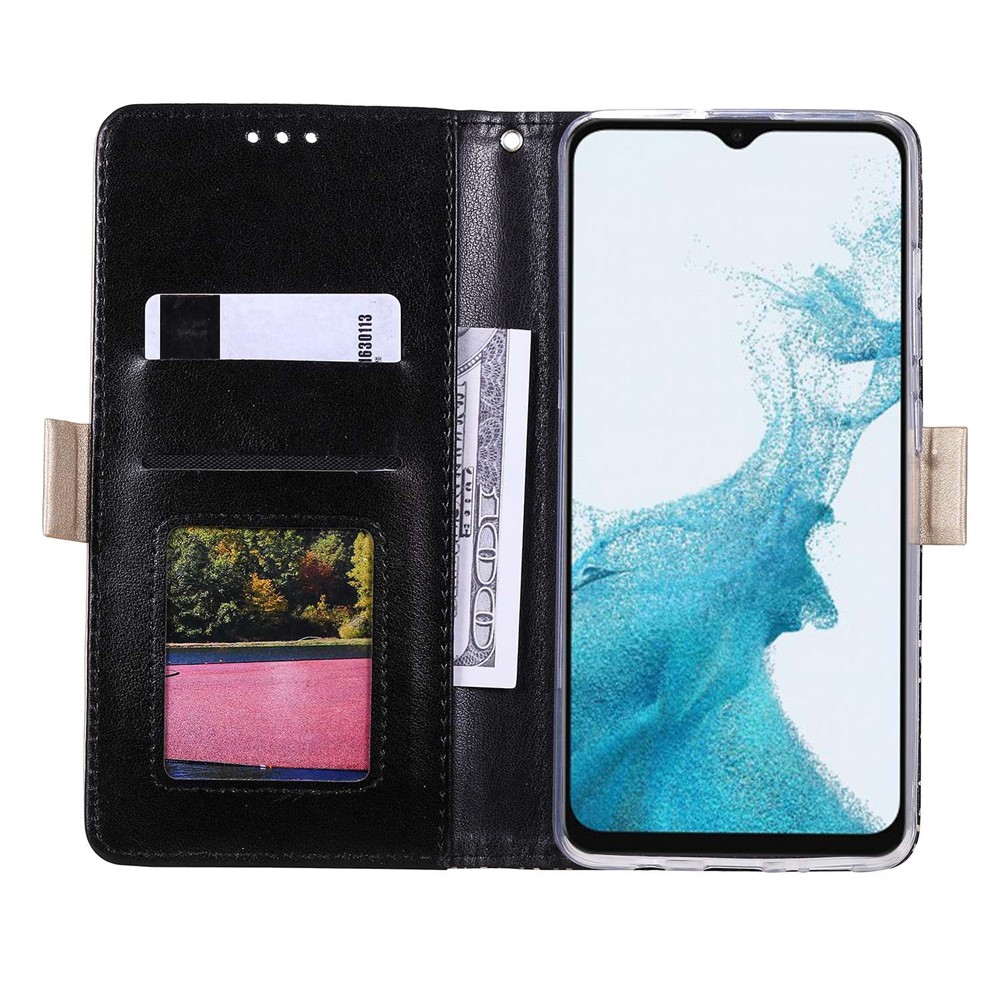 For Samsung Galaxy A23 4G/5G PU Leather Flip Wallet Case Lace Flower Pattern Zipper Pocket Bowknot Wrist Strap Stand Cover - Black-2