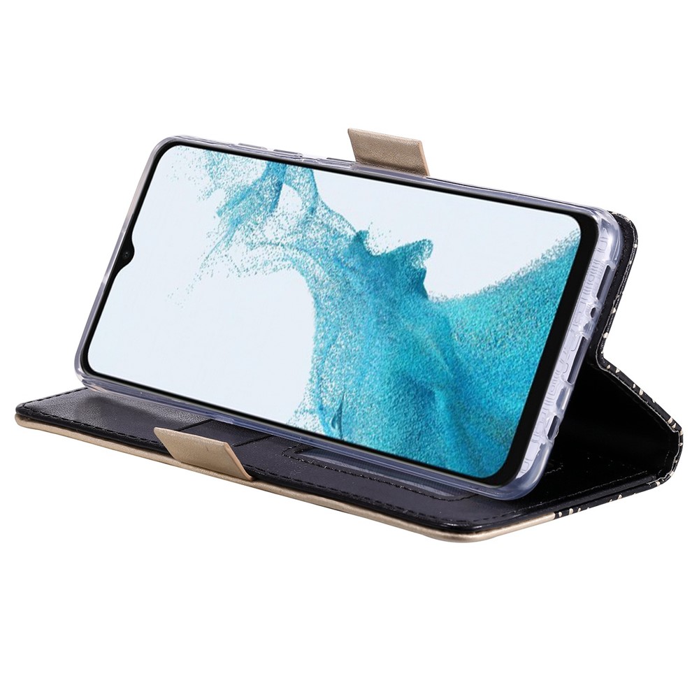 For Samsung Galaxy A23 4G/5G PU Leather Flip Wallet Case Lace Flower Pattern Zipper Pocket Bowknot Wrist Strap Stand Cover - Black-3