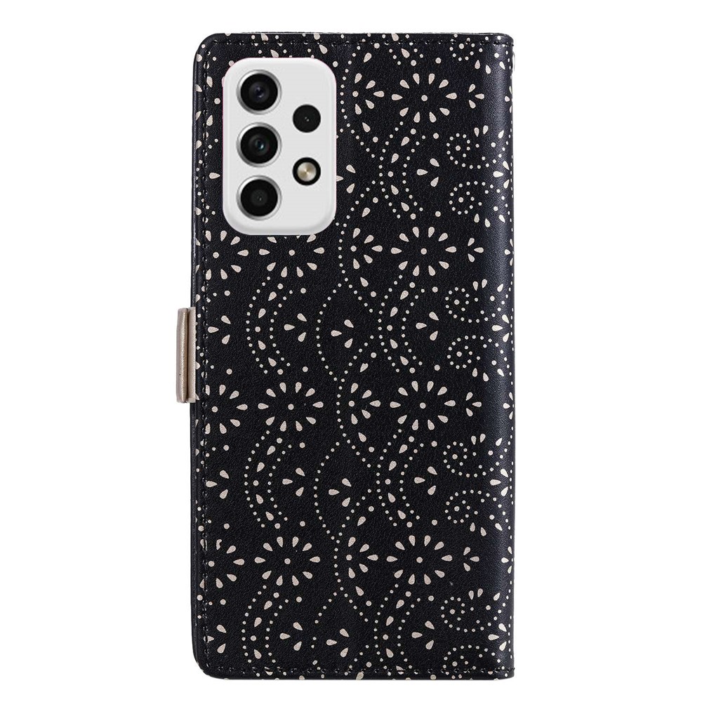 For Samsung Galaxy A23 4G/5G PU Leather Flip Wallet Case Lace Flower Pattern Zipper Pocket Bowknot Wrist Strap Stand Cover - Black-6