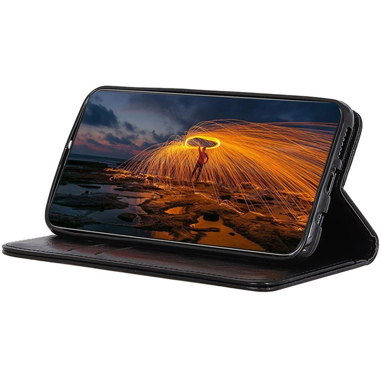 For Samsung Galaxy M33 5G PU Leather Crazy Horse Texture Shockproof Phone Case Magnetic Absorption Stand Wallet Folio Full Protection Cover - Black-2