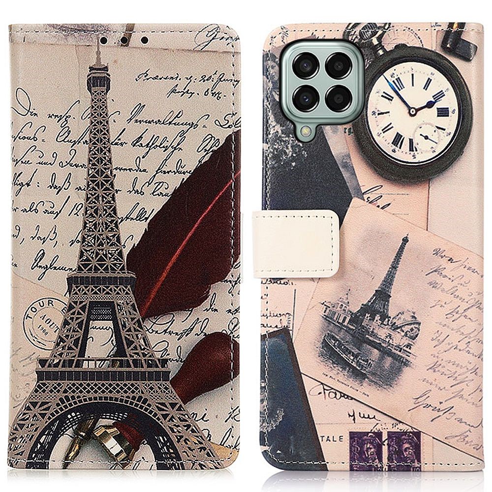 For Samsung Galaxy M33 5G PU Leather Anti-Drop Case Pattern Printing Design Stand Wallet Bookstyle Magnetic Protective Cover - Eiffel Tower and Feather-1