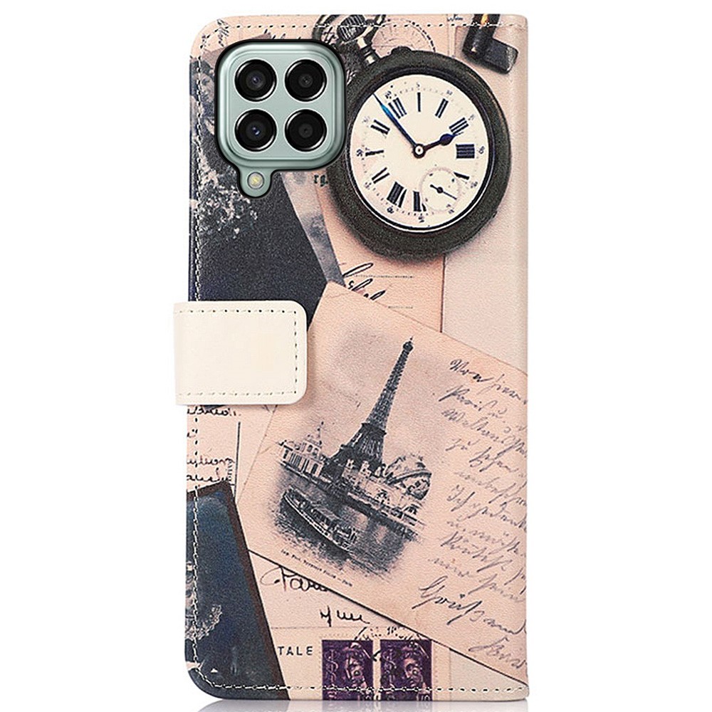 For Samsung Galaxy M33 5G PU Leather Anti-Drop Case Pattern Printing Design Stand Wallet Bookstyle Magnetic Protective Cover - Eiffel Tower and Feather-6