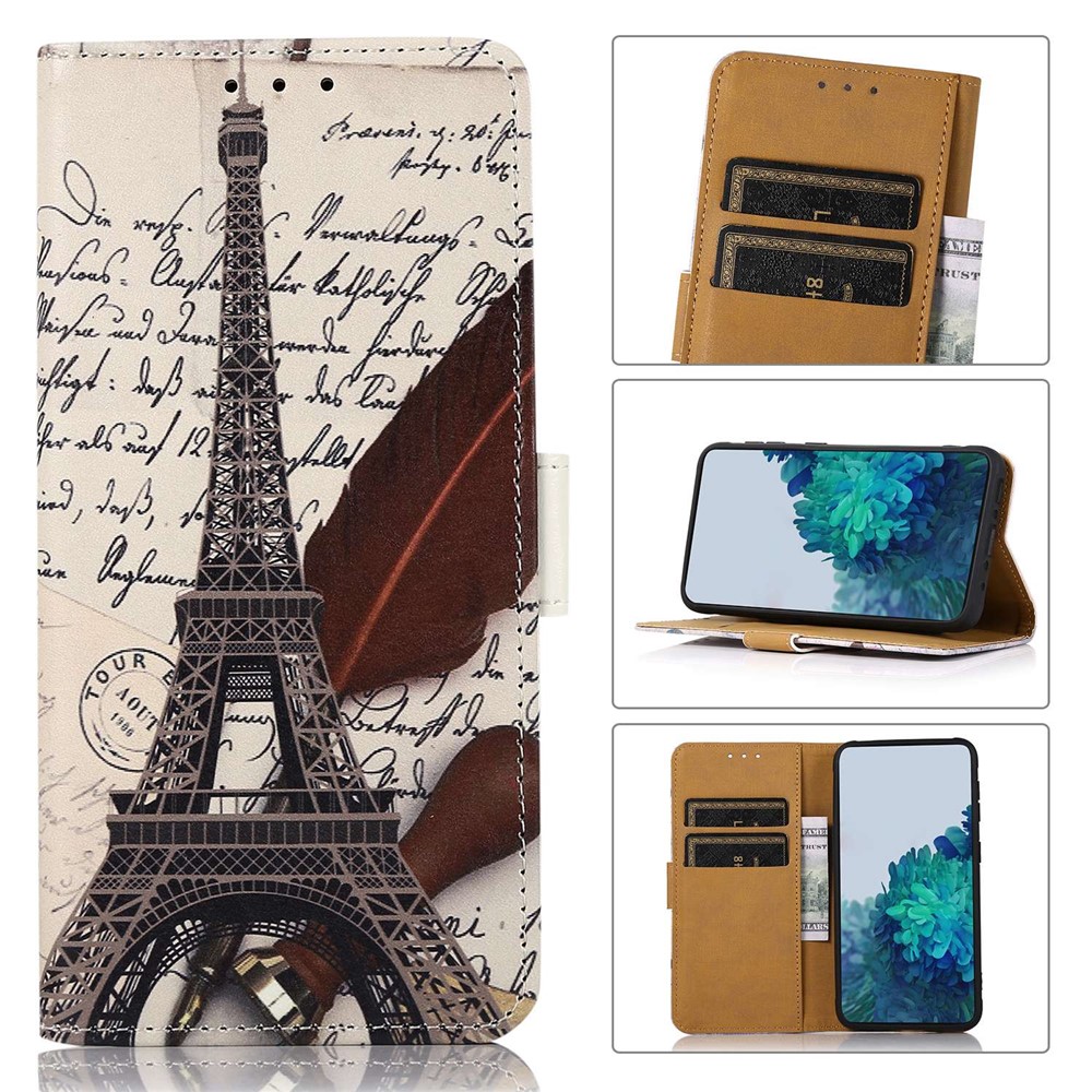 For Samsung Galaxy M33 5G PU Leather Anti-Drop Case Pattern Printing Design Stand Wallet Bookstyle Magnetic Protective Cover - Eiffel Tower and Feather-7