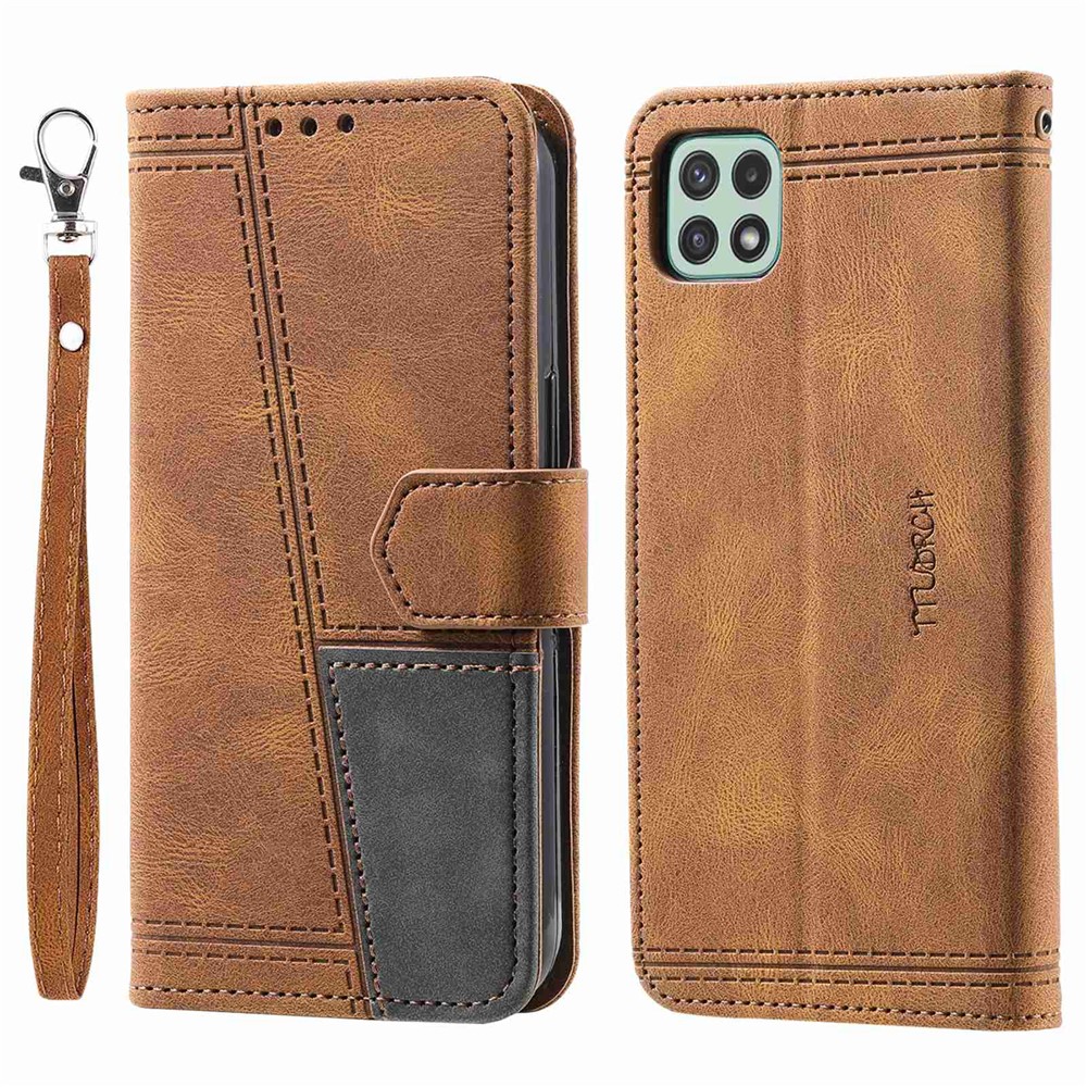 TTUDRCH 004 Splicing Mobile Phone Case Bag for Samsung Galaxy A22 5G (EU Version), RFID Blocking Function Skin-touch Feeling PU Leather Magnetic Absorption Full Protection Folio Wallet - Brown-1