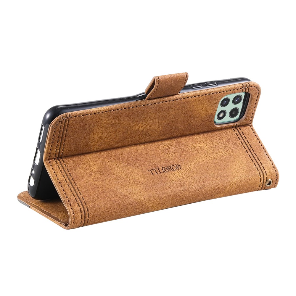 TTUDRCH 004 Splicing Mobile Phone Case Bag for Samsung Galaxy A22 5G (EU Version), RFID Blocking Function Skin-touch Feeling PU Leather Magnetic Absorption Full Protection Folio Wallet - Brown-2
