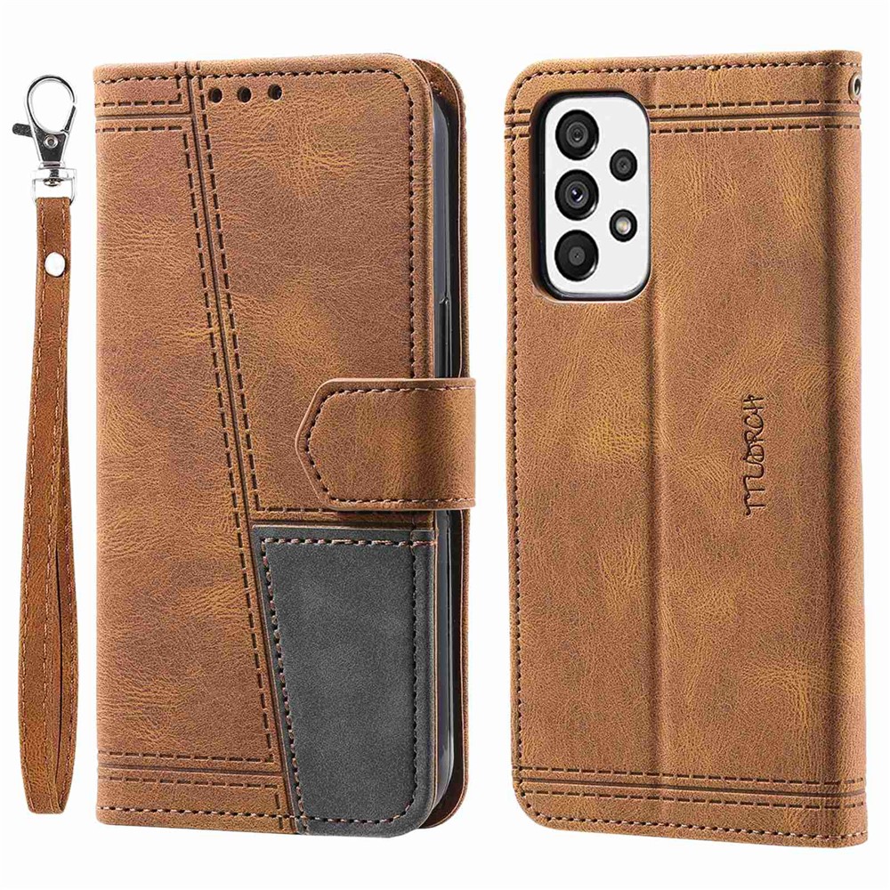 TTUDRCH 004 Wallet Phone Shell Bag for Samsung Galaxy A53 5G, Splicing PU Leather Skin-touch Feeling Smartphone Case with Strap - Brown-1