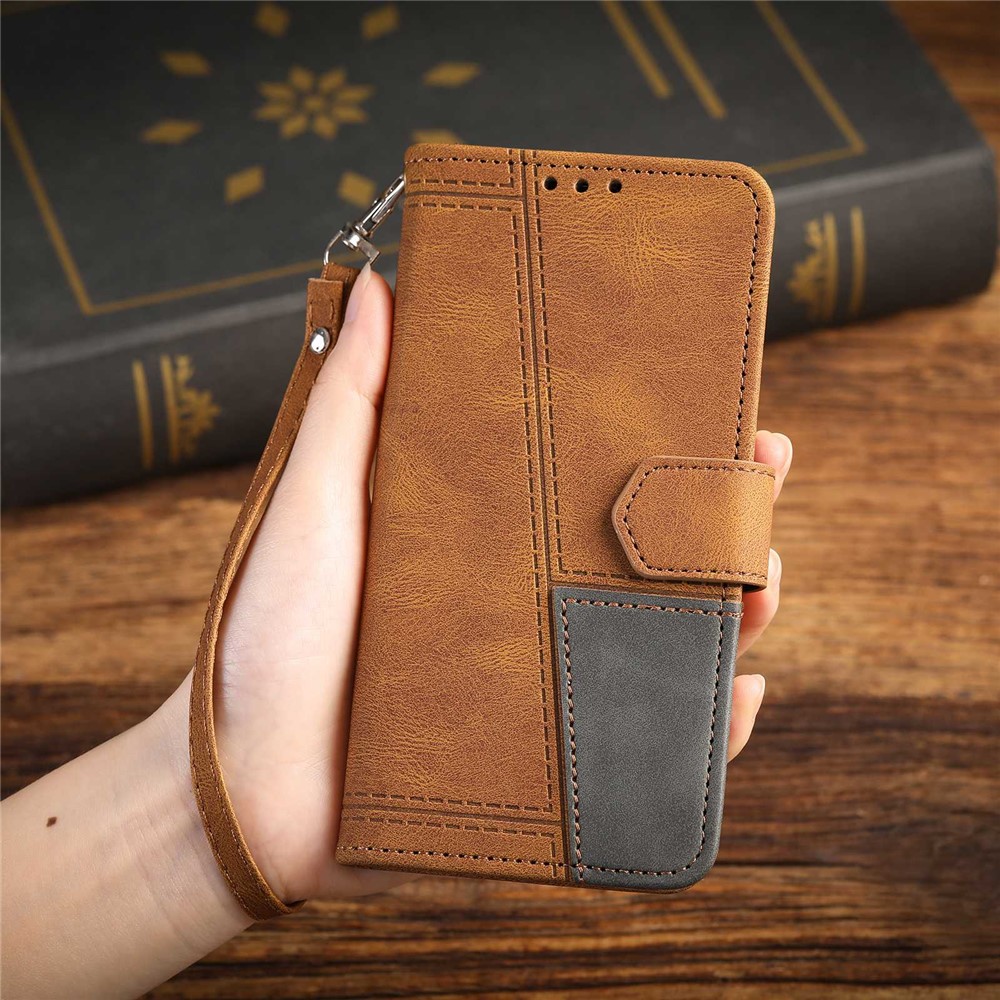TTUDRCH 004 Wallet Phone Shell Bag for Samsung Galaxy A53 5G, Splicing PU Leather Skin-touch Feeling Smartphone Case with Strap - Brown-8