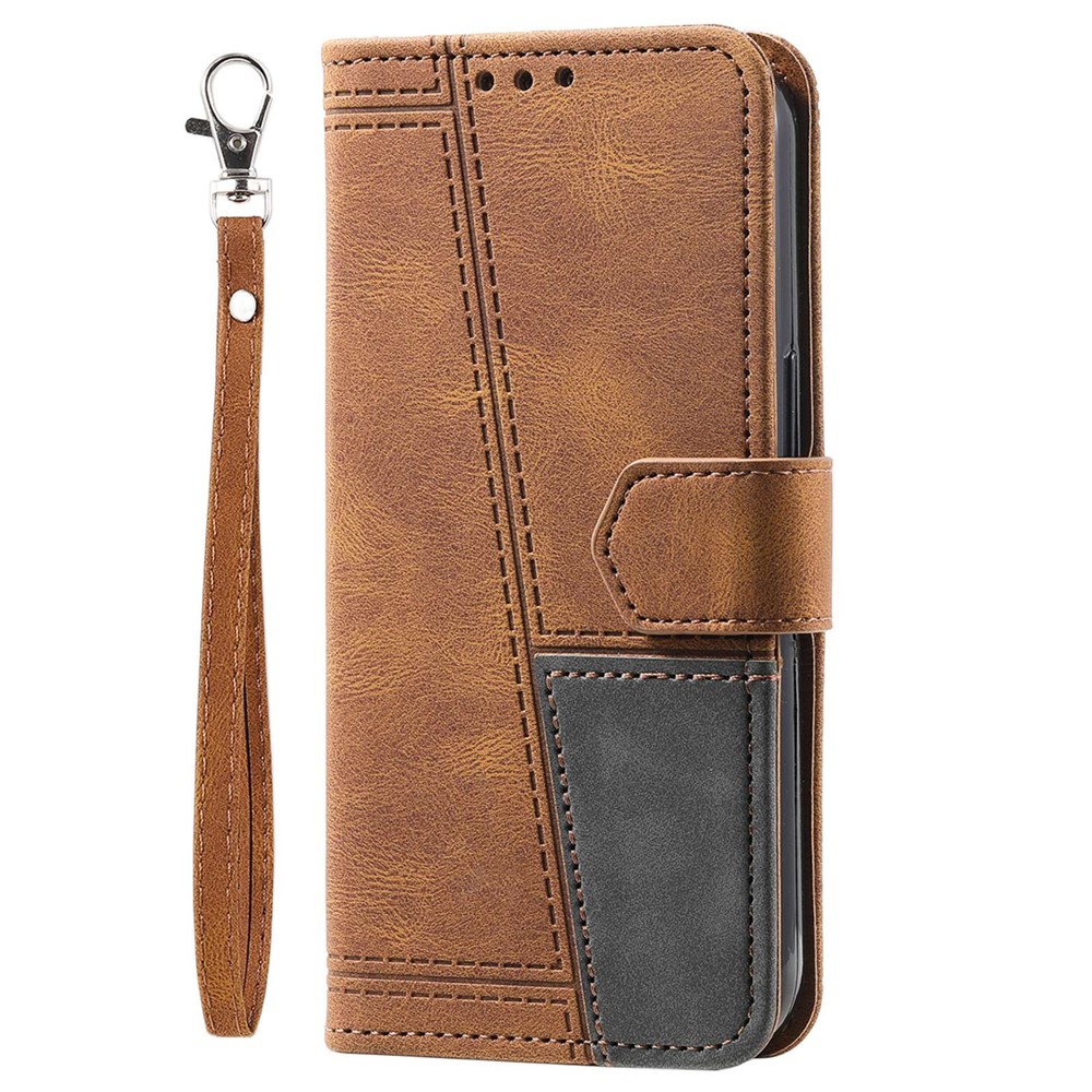 TTUDRCH 004 Wallet Phone Shell Bag for Samsung Galaxy A53 5G, Splicing PU Leather Skin-touch Feeling Smartphone Case with Strap - Brown-9