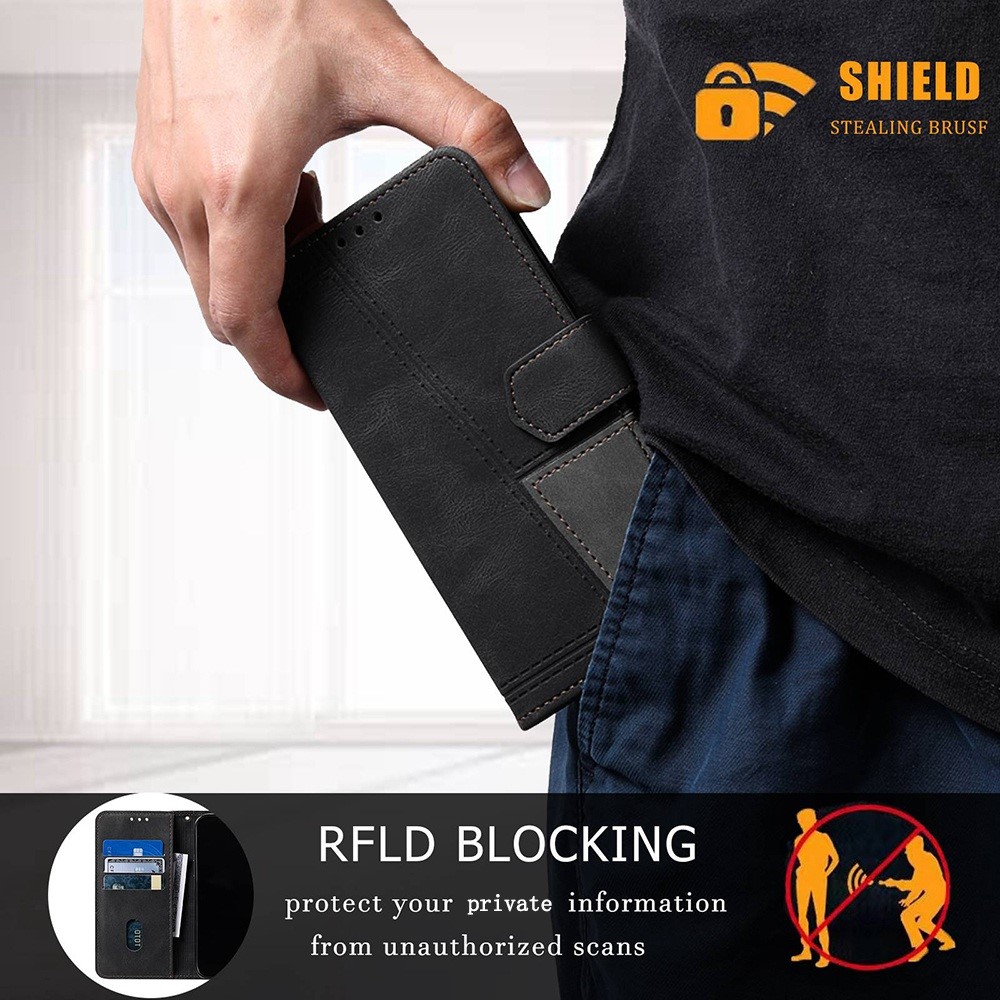 TTUDRCH 004 Anti-dust Phone Case for Samsung Galaxy A52 4G/5G/A52s 5G, RFID Blocking Function Splicing PU Leather Skin-touch Feeling Stand Phone Shell Wallet - Black-7