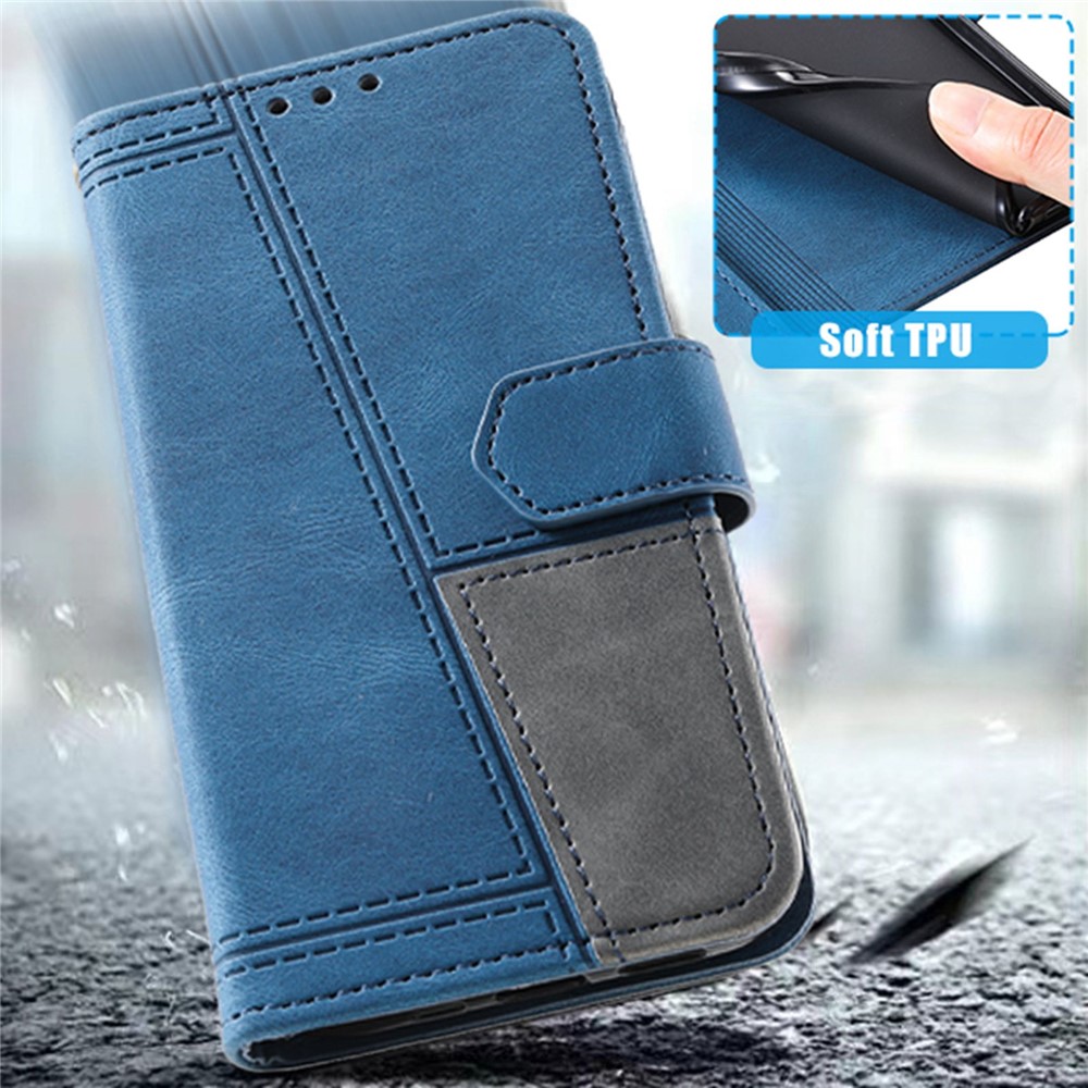 TTUDRCH 004 Phone Case for Samsung Galaxy S22 5G, Splicing Style RFID Blocking Skin-touch Feeling PU Leather Magnetic Absorption Full Protection Folio Wallet - Blue-5