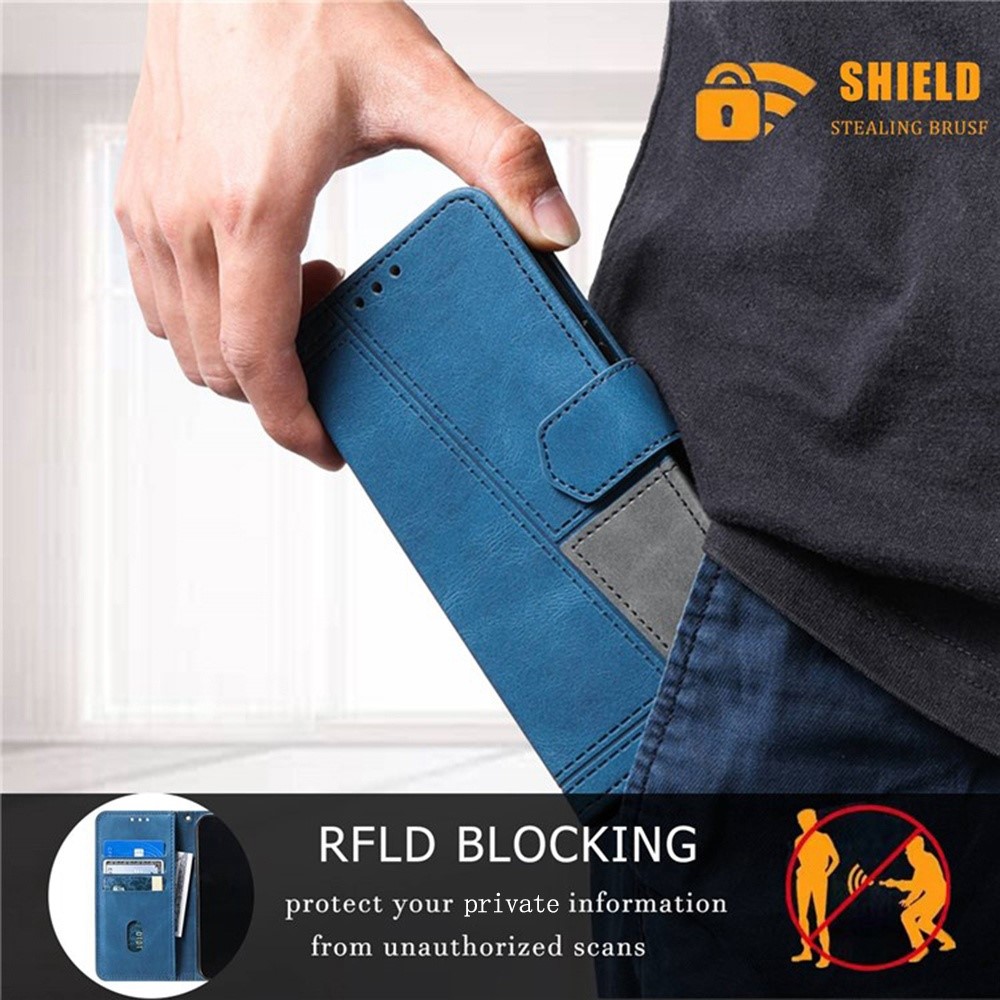 TTUDRCH 004 Phone Case for Samsung Galaxy S22 5G, Splicing Style RFID Blocking Skin-touch Feeling PU Leather Magnetic Absorption Full Protection Folio Wallet - Blue-7