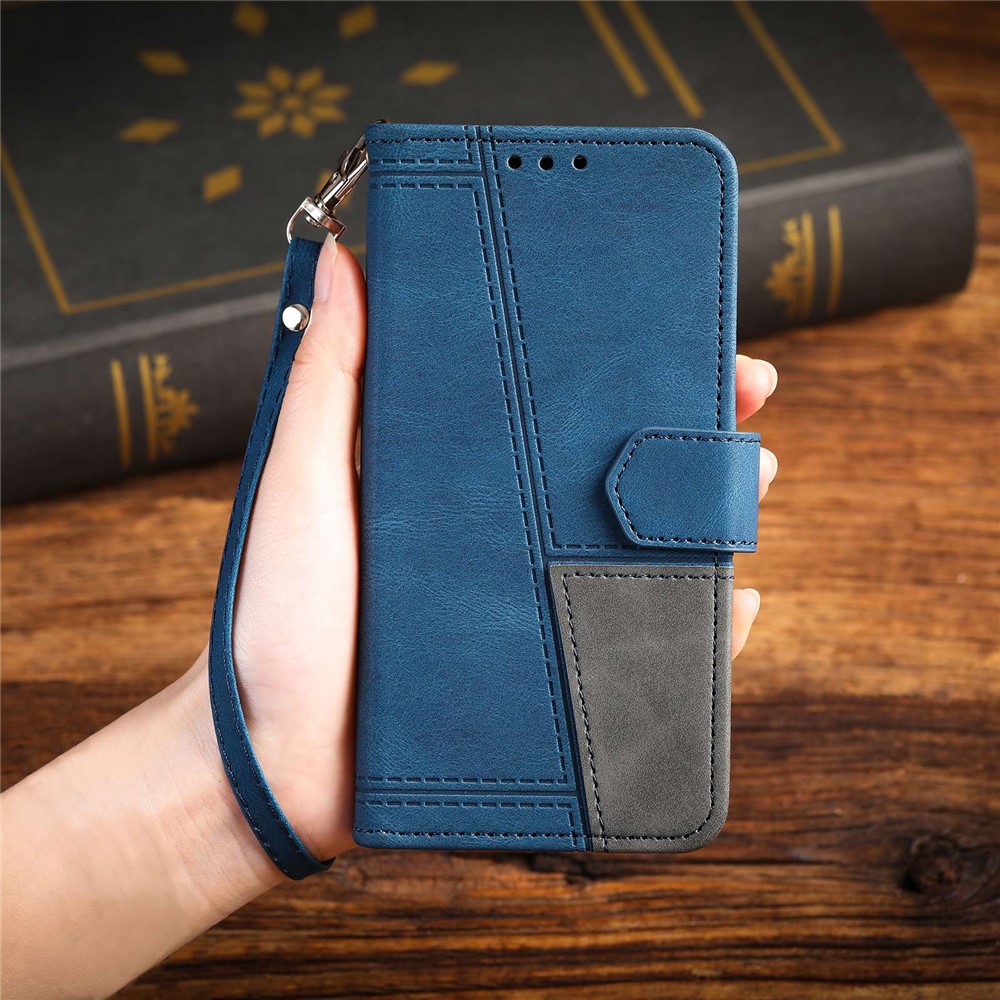 TTUDRCH 004 Phone Case for Samsung Galaxy S22 5G, Splicing Style RFID Blocking Skin-touch Feeling PU Leather Magnetic Absorption Full Protection Folio Wallet - Blue-8
