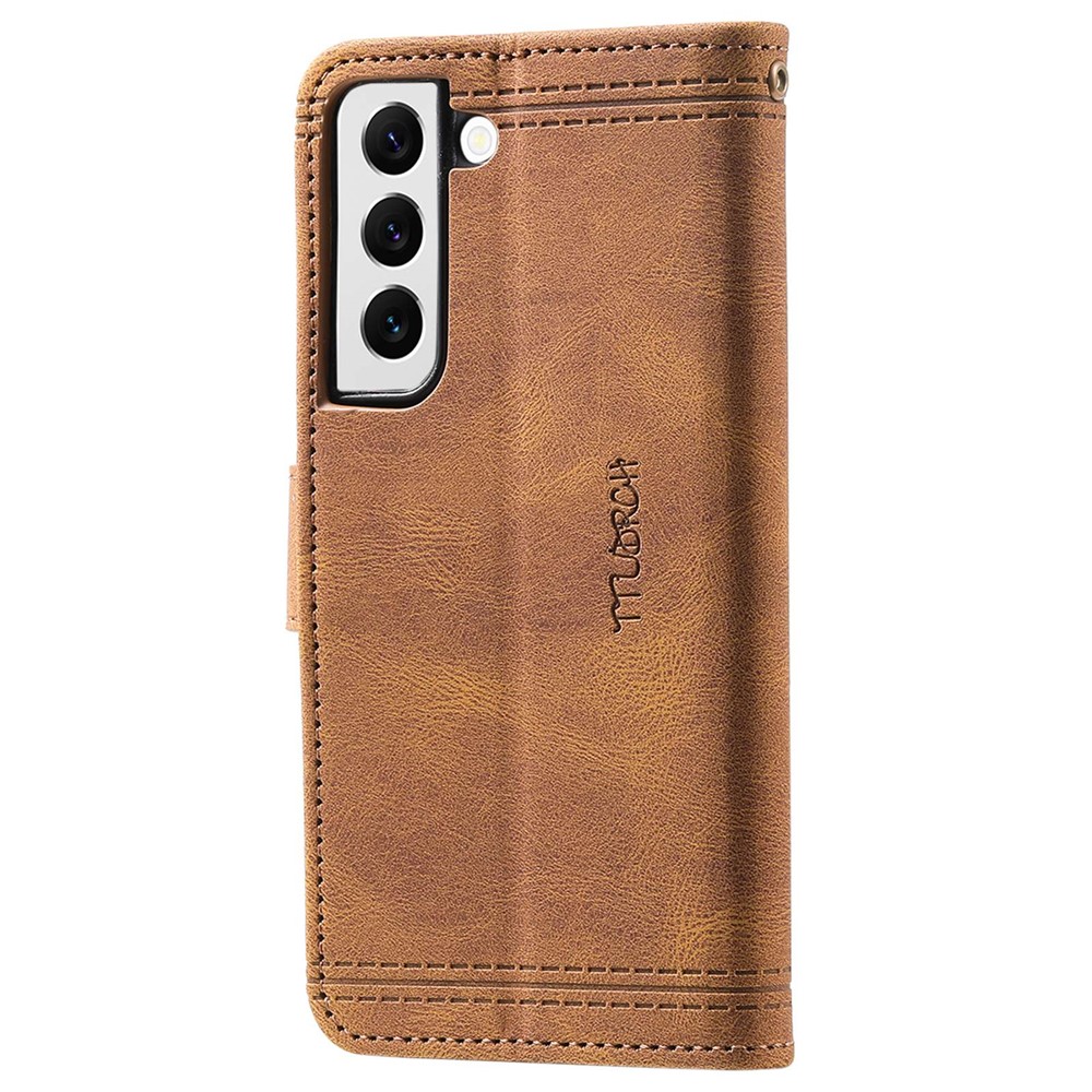 TTUDRCH 004 Splicing Style Mobile Phone Shell Bag for Samsung Galaxy S22+ 5G, Full Protection RFID Blocking Function Skin-touch Feeling PU Leather Phone Cover - Brown-10