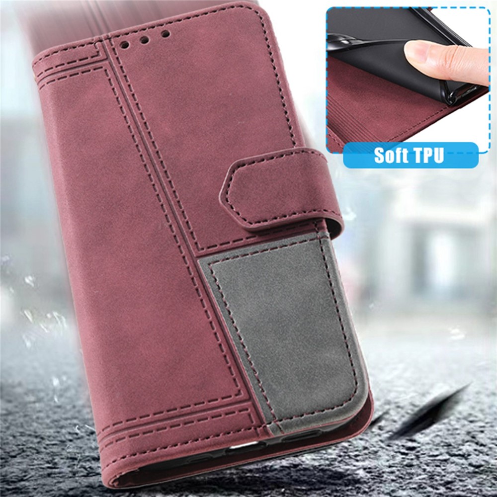 TTUDRCH 004 RFID Blocking Function Phone Cover for Samsung Galaxy S21+ 5G, Splicing PU Leather Skin-touch Feeling Case Stand Magnetic Absorption Full Protection Folio Wallet - Wine Red-5