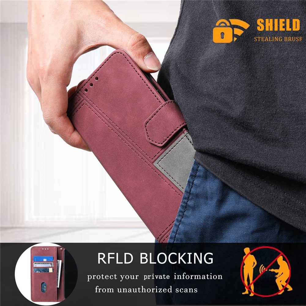 TTUDRCH 004 RFID Blocking Function Phone Cover for Samsung Galaxy S21+ 5G, Splicing PU Leather Skin-touch Feeling Case Stand Magnetic Absorption Full Protection Folio Wallet - Wine Red-7