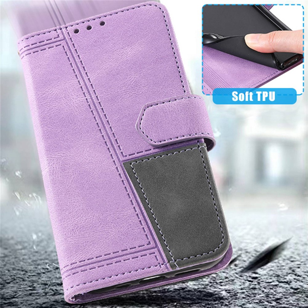 TTUDRCH 004 Splicing Style Mobile Phone Case Bag for Samsung Galaxy S21 4G/5G, RFID Blocking Function Phone Cover Skin-touch Feeling PU Leather Magnetic Wallet - Purple-5