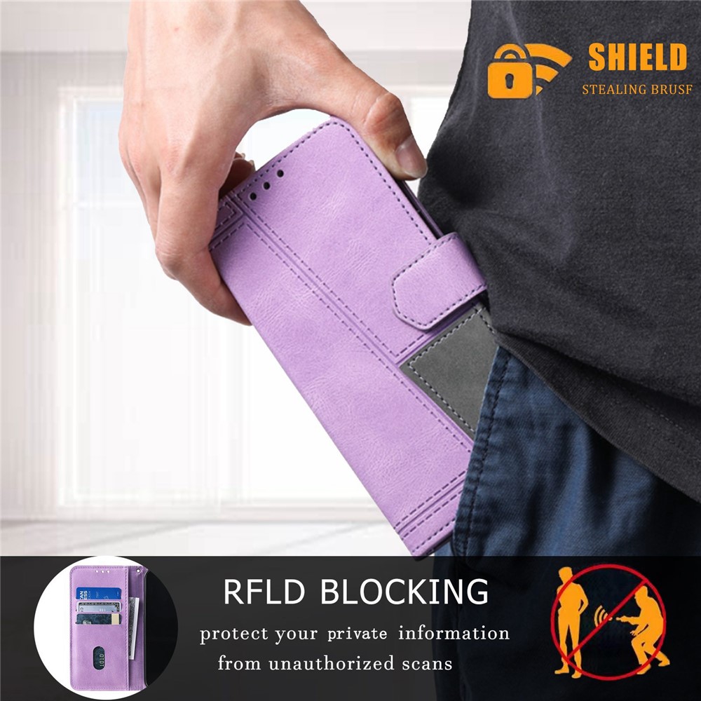 TTUDRCH 004 Splicing Style Mobile Phone Case Bag for Samsung Galaxy S21 4G/5G, RFID Blocking Function Phone Cover Skin-touch Feeling PU Leather Magnetic Wallet - Purple-7