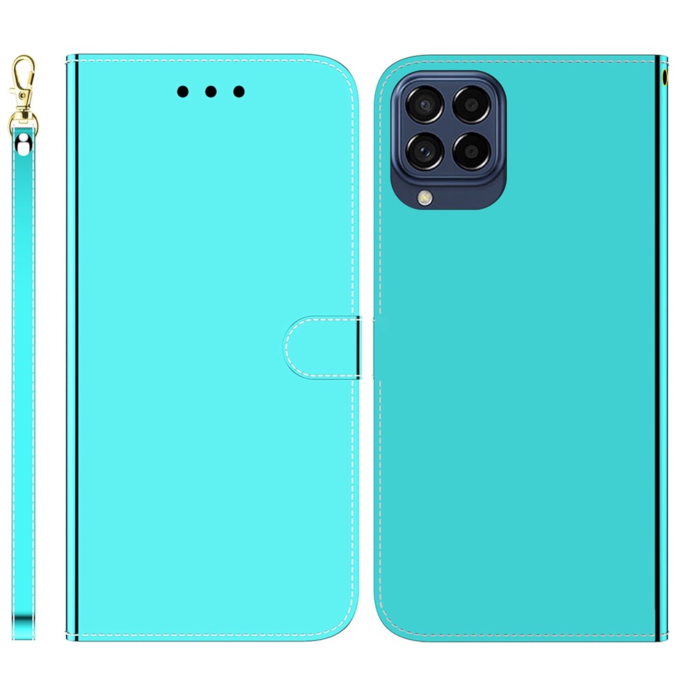 Mirror Like PU Leather Phone Case for Samsung Galaxy M53 5G, Full Protection Wallet Magnetic Closure Stand Folio Flip Cover with Wrist Strap - Cyan-1