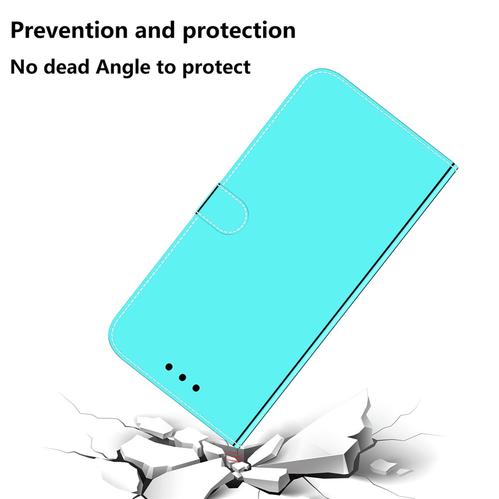 Mirror Like PU Leather Phone Case for Samsung Galaxy M53 5G, Full Protection Wallet Magnetic Closure Stand Folio Flip Cover with Wrist Strap - Cyan-4