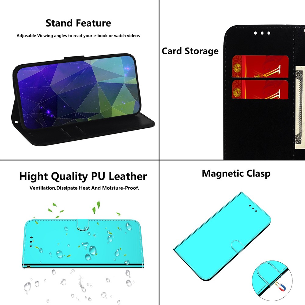 Mirror Like PU Leather Phone Case for Samsung Galaxy M53 5G, Full Protection Wallet Magnetic Closure Stand Folio Flip Cover with Wrist Strap - Cyan-6