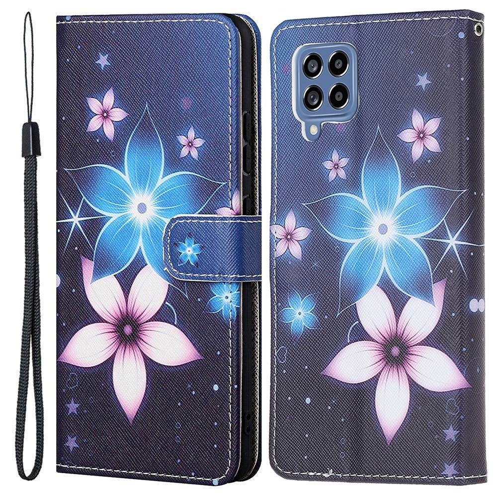 For Samsung Galaxy M53 5G 3D Cross Texture Pattern Printing Flip Stand Leather Phone Case Wallet Cover with Wrist Strap - Blue Flower-1