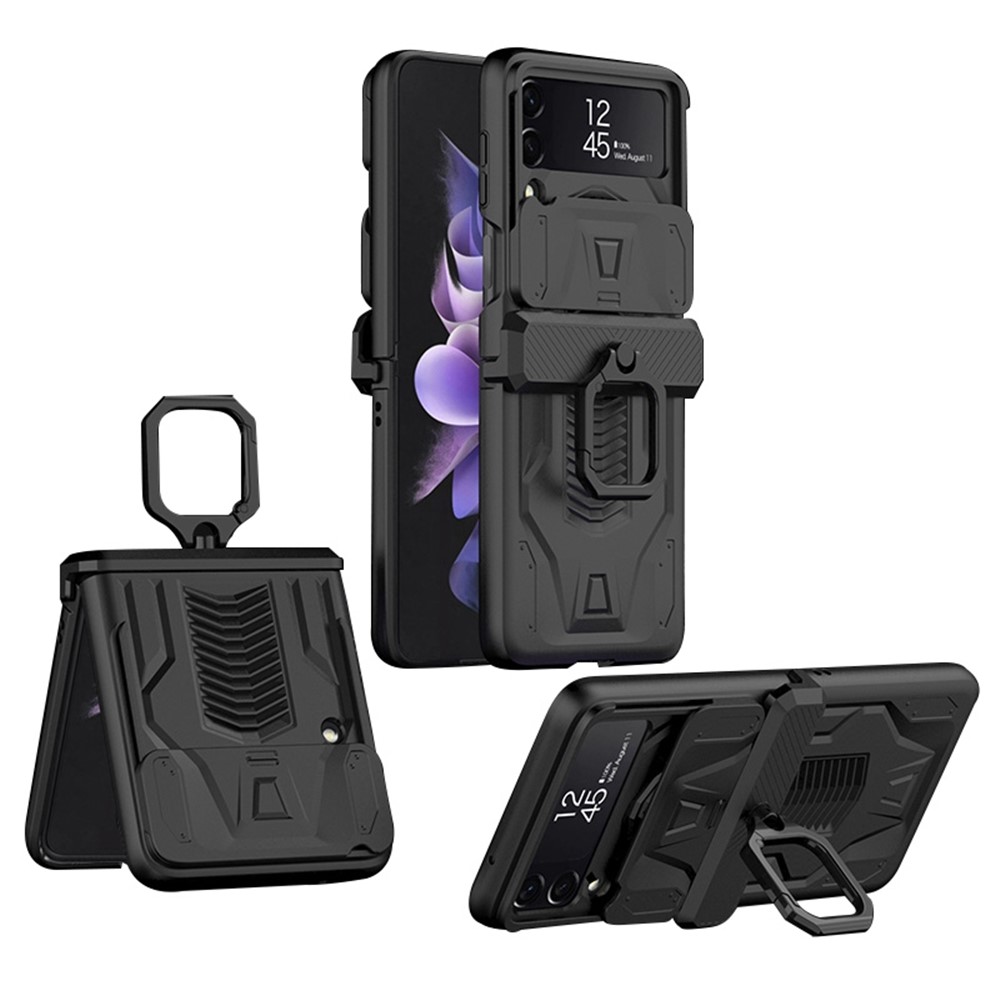 GKK For Samsung Galaxy Z Flip3 5G Ring Kickstand Magnetic Hinge Folding Phone Case Hard PC Shell with Slide Camera Cover - Black-1