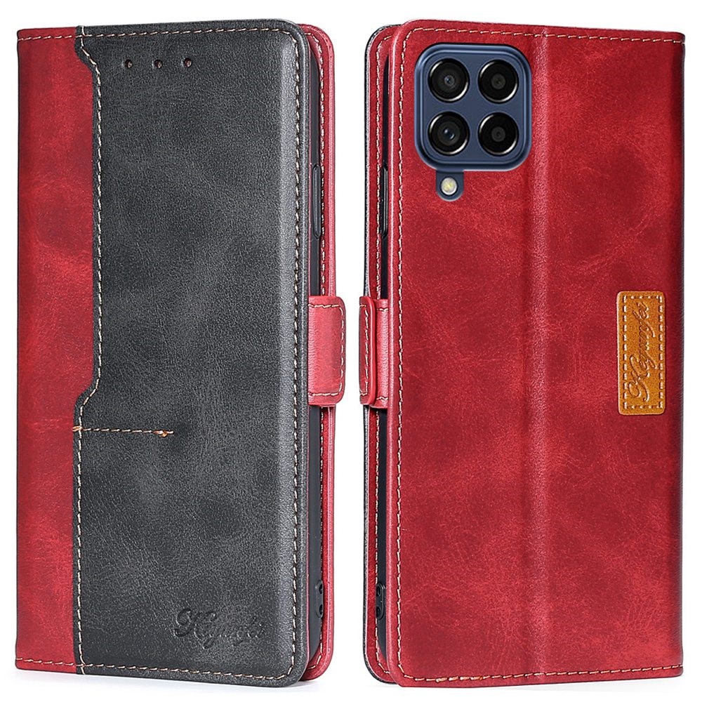For Samsung Galaxy M53 5G Splicing Matching PU Leather Magnet Case Wallet-Style Flip Stand Full Body Protective Cover - Red/Black-1