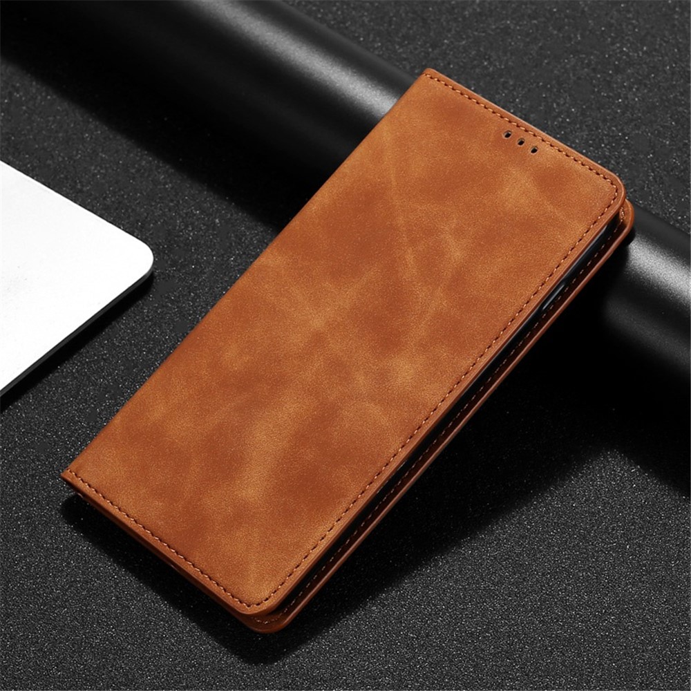 For Samsung Galaxy M53 5G Card Holder Design Skin-touch Feeling Leather Case Full Protection Phone Stand Shell - Light Brown-4